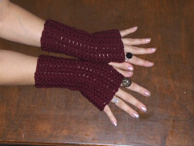 The Garnet Red Fingerless bohochic Gloves. Handmade crochet Unisex Arm Warmers Deep Blood Red Dracula Burlesque Victorian Handmade Crocheted - image3
